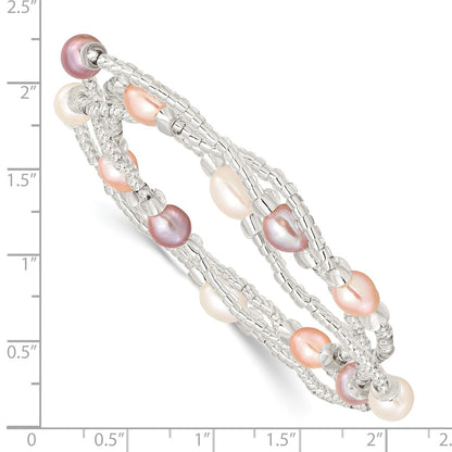 Fashion 6-8mm White/Pink/Purple Rice Freshwater Cultured Pearl And Glass Bead Stretch 3-Bracelet Set