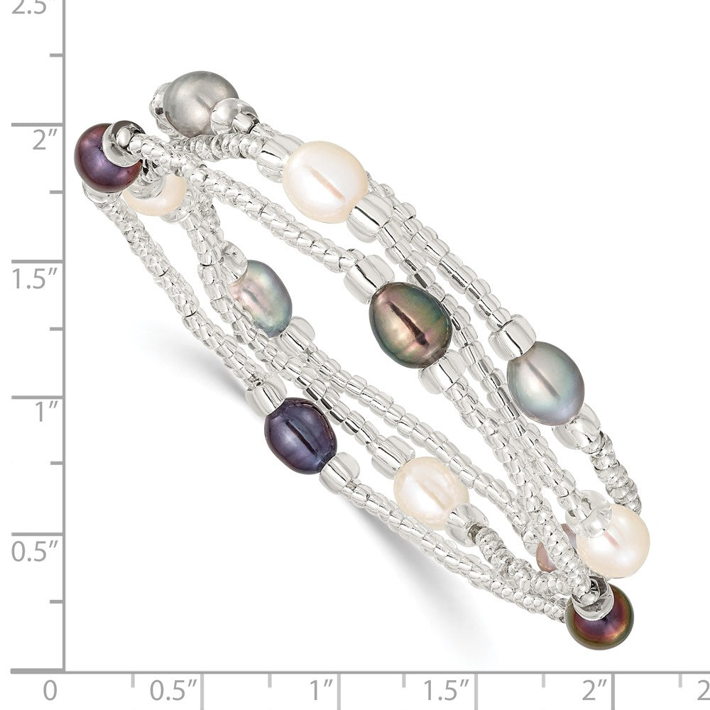 Fashion 6-8mm White/Black/Grey Rice Freshwater Cultured Pearl And Glass Bead Stretch 3-Bracelet Set
