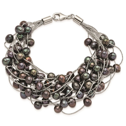 7.5 Inch Sterling Silver Rh-Pl 6-7mm Black Off-Round Fwc Pearl Multi-Strand Bracelet