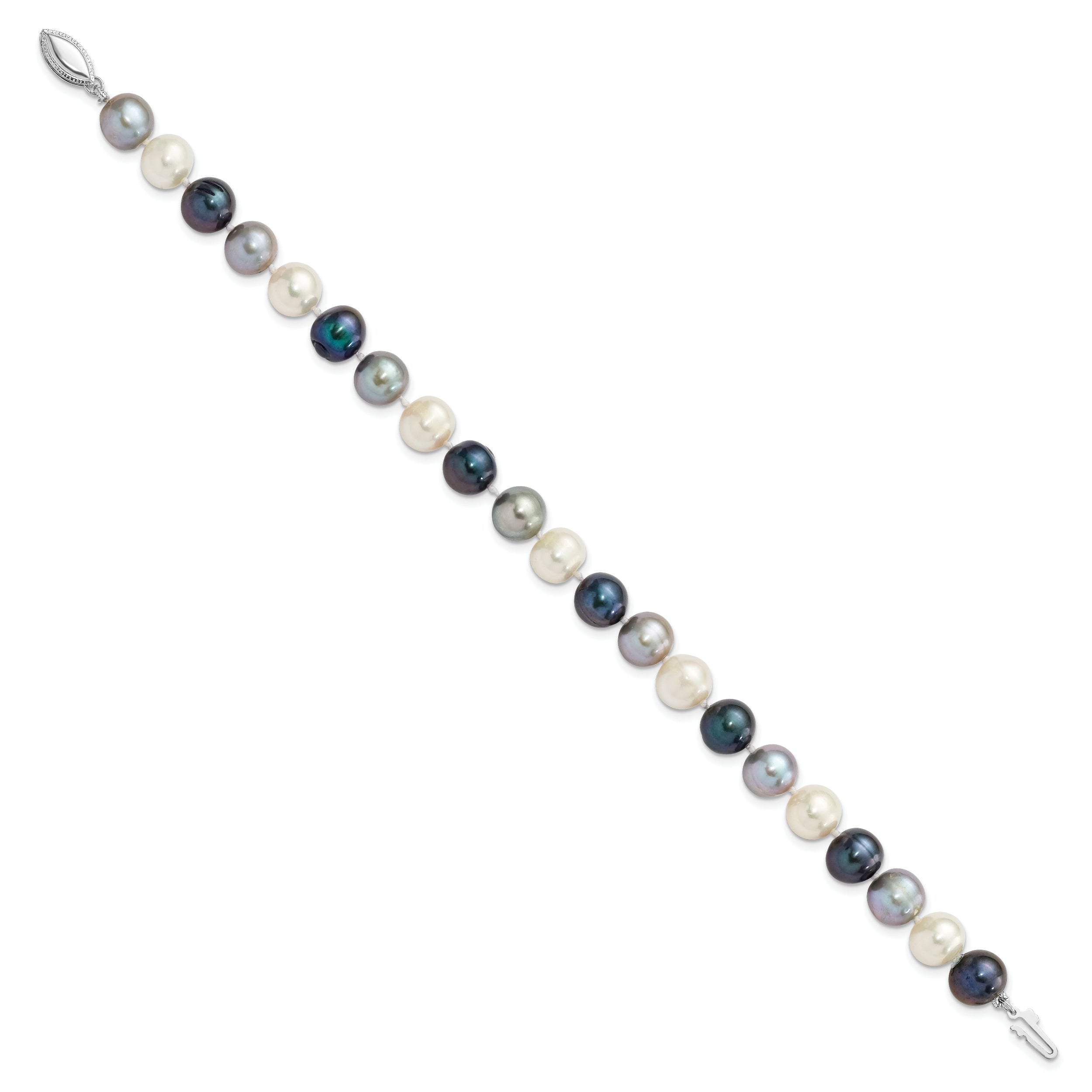 7.5 Inch Sterling Silver Rh-Pl 8-9mm Bk/Gr/Wt Semi-Round Fwc Pearl Bracelet