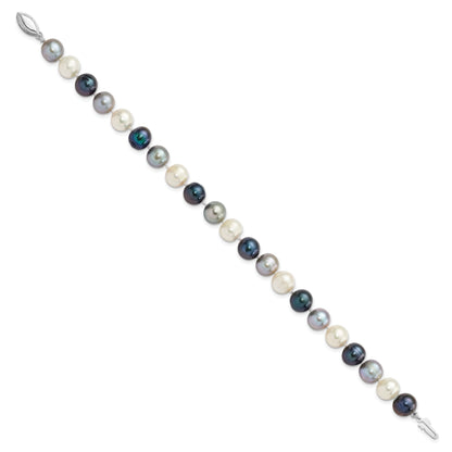 7.5 Inch Sterling Silver Rh-Pl 8-9mm Bk/Gr/Wt Semi-Round Fwc Pearl Bracelet