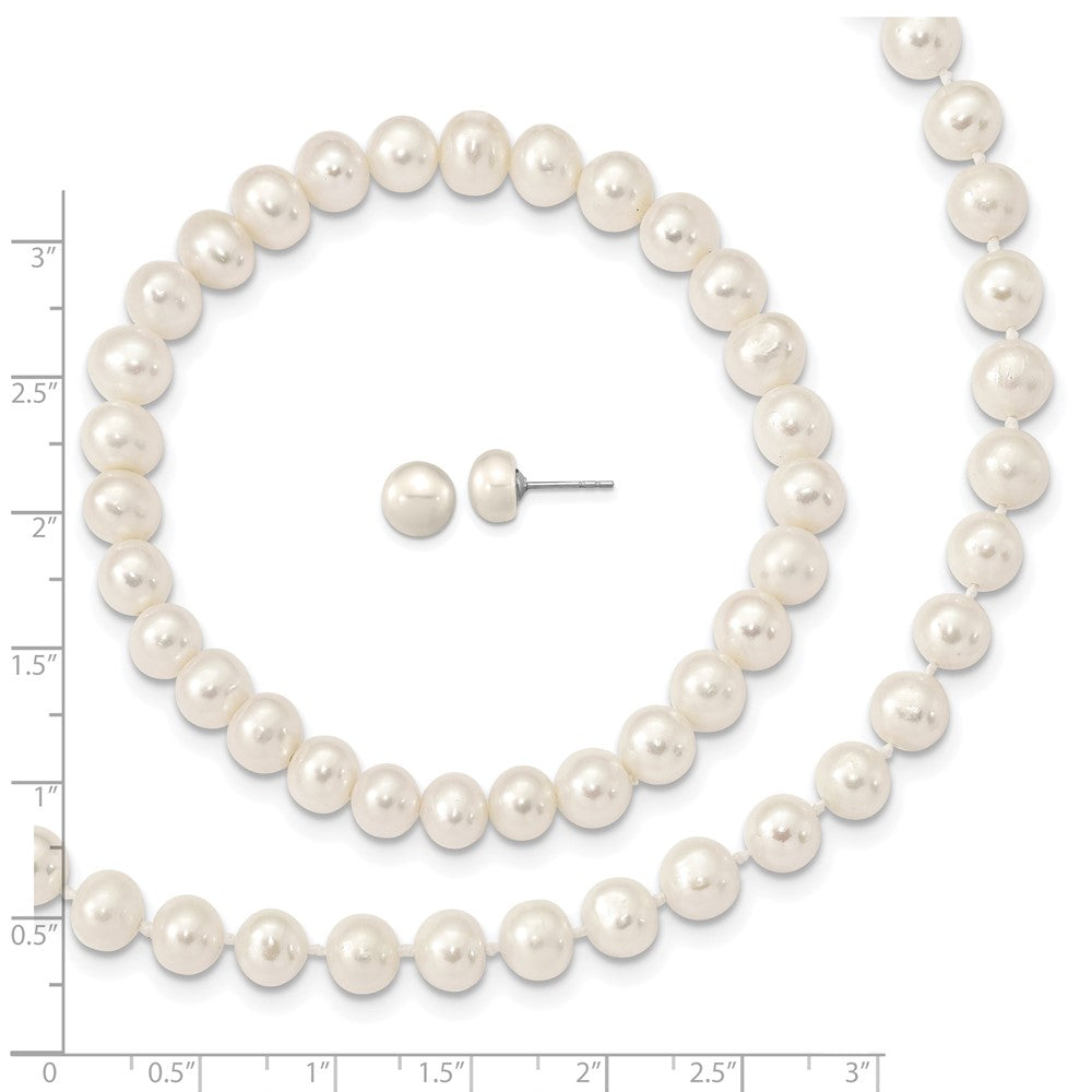 Sterling Silver Rh-P 7-8mm White Fwc Pearl Earring Bracelet Necklace Set