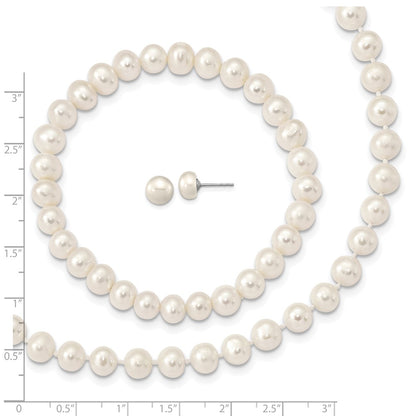 Sterling Silver Rh-P 7-8mm White Fwc Pearl Earring Bracelet Necklace Set