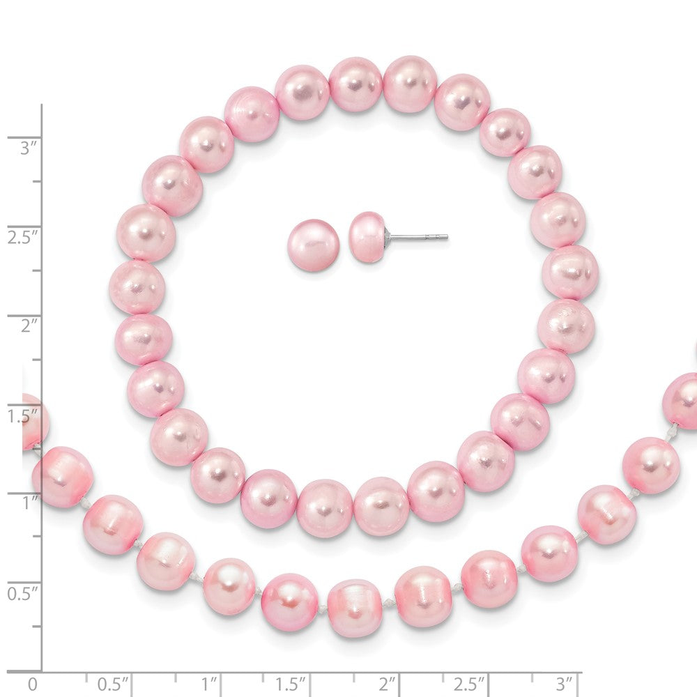 Sterling Silver Rh-P 7-8mm Pink Fwc Pearl Earring Bracelet Necklace Set