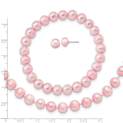 Sterling Silver Rh-P 7-8mm Pink Fwc Pearl Earring Bracelet Necklace Set