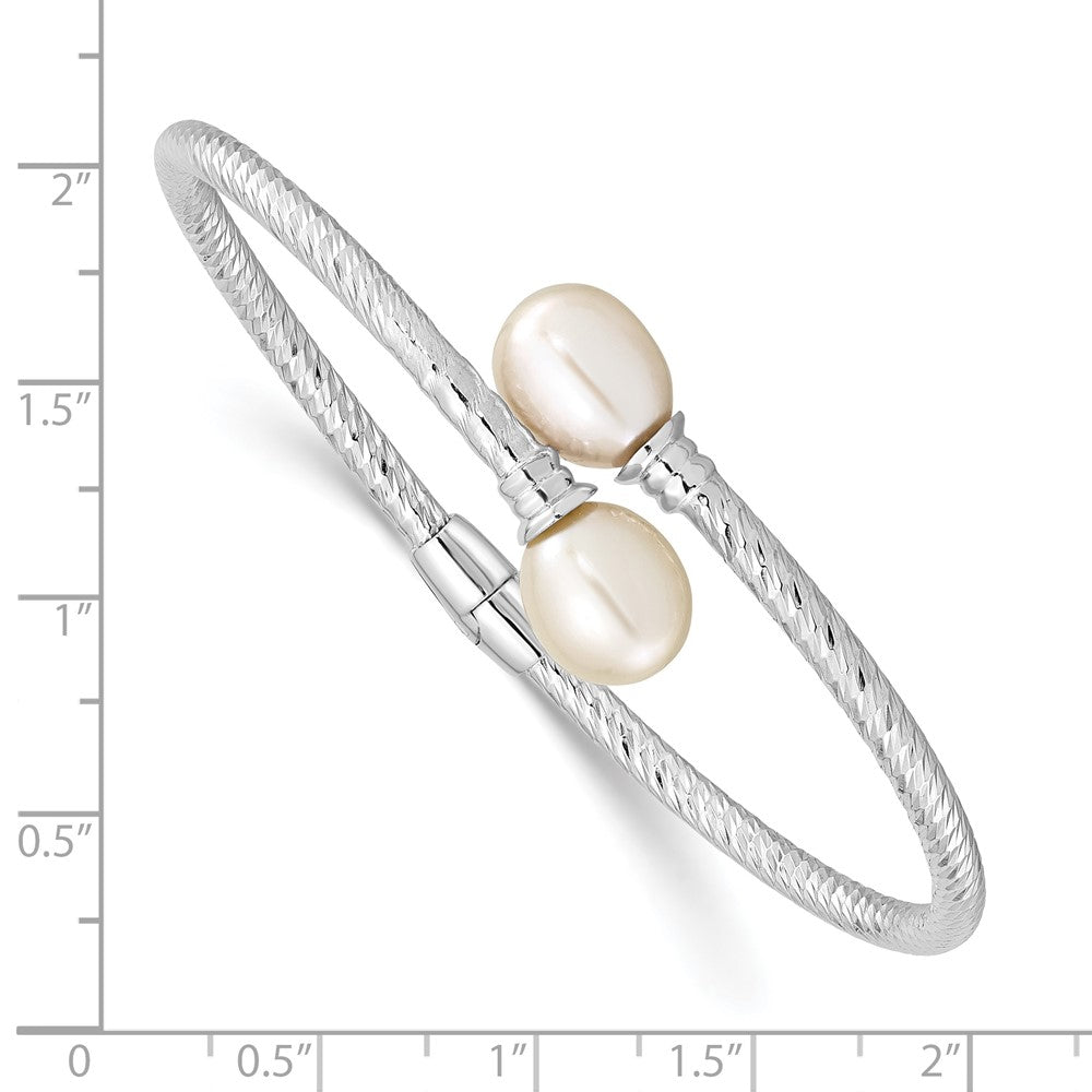 Sterling Silver Rh-Pl 8-9mm White Rice Fwc Pearl Hinged Bangle