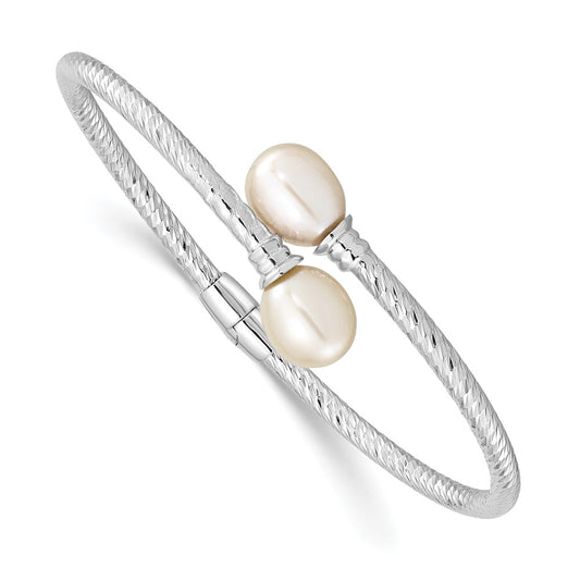 Sterling Silver Rh-Pl 8-9mm White Rice Fwc Pearl Hinged Bangle
