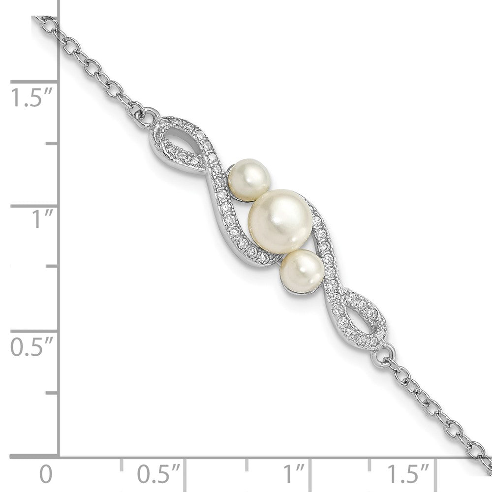 9 Inch Sterling Silver Rh-Pl Cz 4-7mm White Button Fwc Pearl W/ 2In Ext. Bracelet