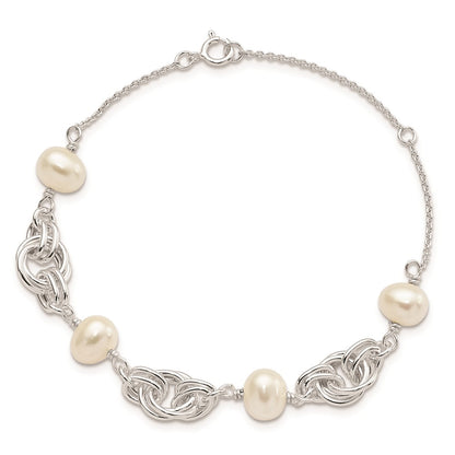 7.25 Inch Sterling Silver Polished Glass Pearl W/ 1 In Ext. Bracelet