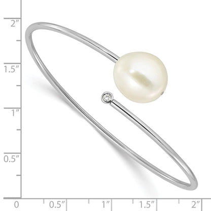 Sterling Silver Rhodium Plated 13-14mm Fwc Pearl and CZ Flexible Bangle