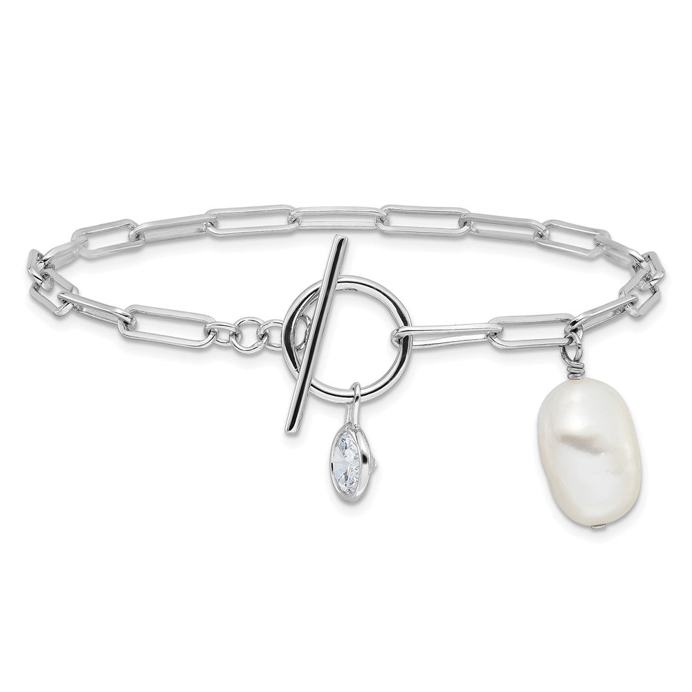 Sterling Silver Rhodium Plated Paperclip Cz/fwc Pearl Toggle Bracelet