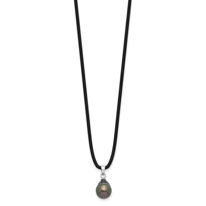 Sterling Silver Rhodium Plated Tahitian Pearl 18in Black Silicone Necklace