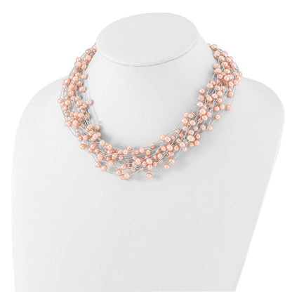 Sterling Silver Rhodium Plated 5-5.5mm Pink Fwc Pearl Multi Strand Necklace