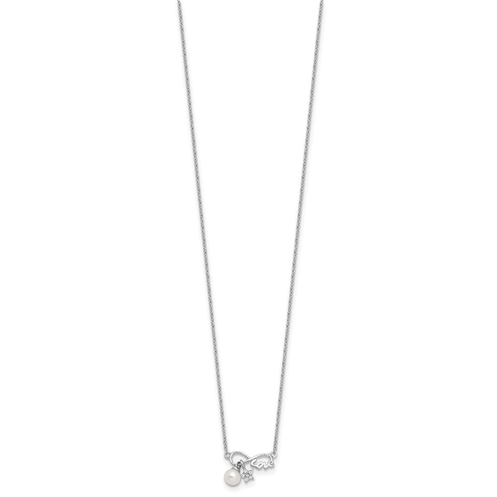 Sterling Silver Rhodium Plated CZ 4mm Fwc Pearl Love Infinity w/2in Ext Necklace