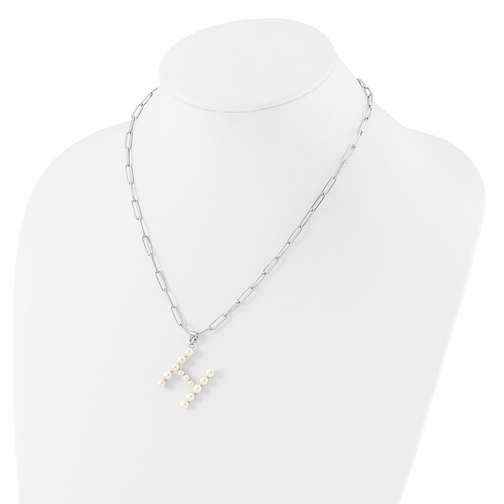 Sterling Silver Rhodium Plated 3-5.5mm Fwc Pearl Letter H 18in Necklace