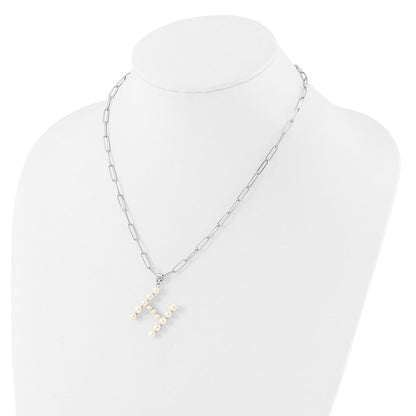 Sterling Silver Rhodium Plated 3-5.5mm Fwc Pearl Letter H 18in Necklace