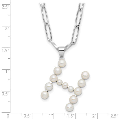 Sterling Silver Rhodium Plated 3-5.5mm Fwc Pearl Letter H 18in Necklace