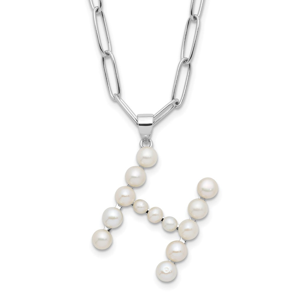 Sterling Silver Rhodium Plated 3-5.5mm Fwc Pearl Letter H 18in Necklace