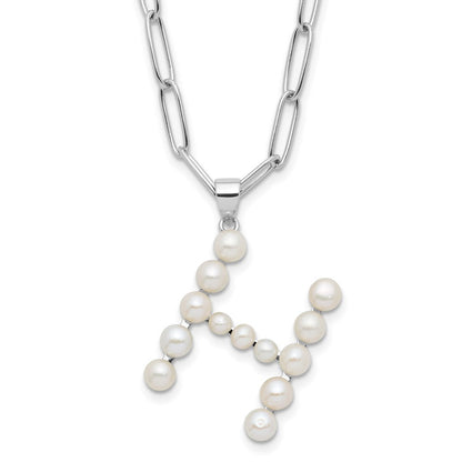 Sterling Silver Rhodium Plated 3-5.5mm Fwc Pearl Letter H 18in Necklace