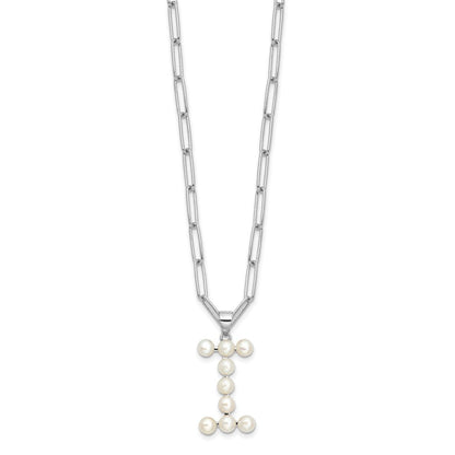 Sterling Silver Rhodium Plated 3-5.5mm Fwc Pearl Letter I 18in Necklace