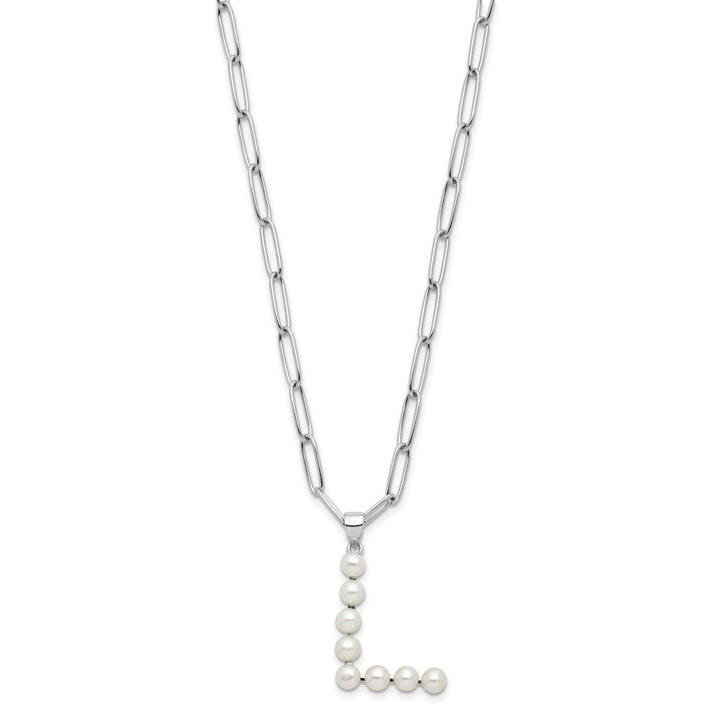 Sterling Silver Rhodium Plated 3-5.5mm Fwc Pearl Letter L 18in Necklace