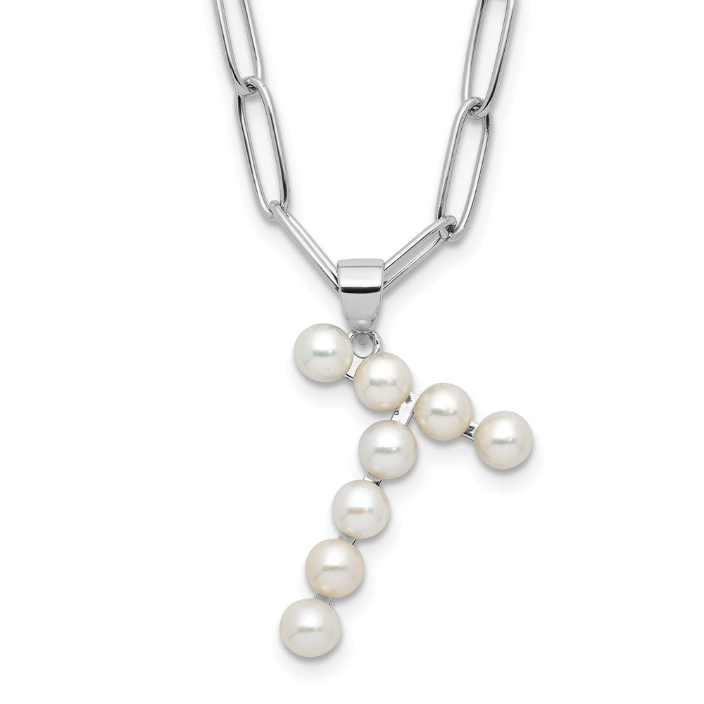 Sterling Silver Rhodium Plated 3-5.5mm Fwc Pearl Letter T 18in Necklace