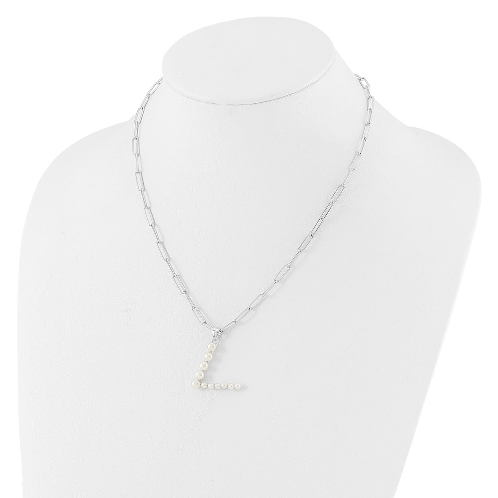 Sterling Silver Rhodium Plated 3-5.5mm Fwc Pearl Letter V 18in Necklace