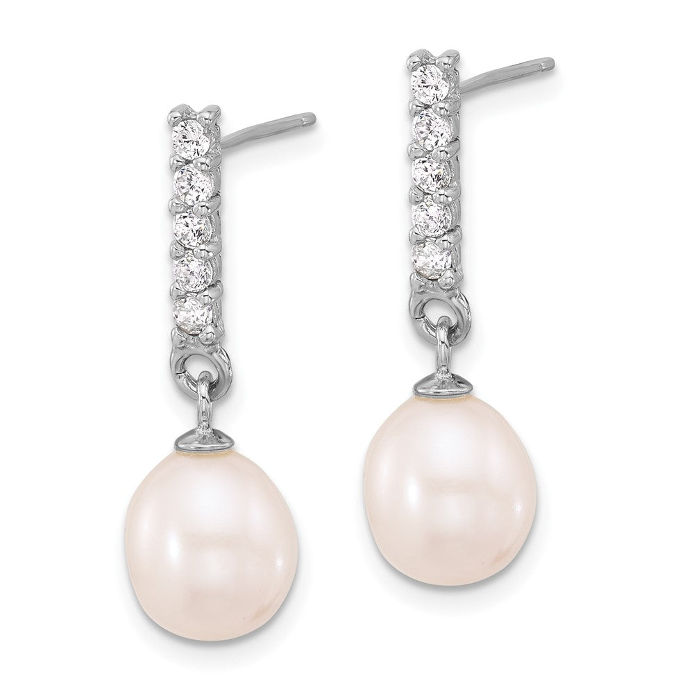 Sterling Silver Rhodium Plated Fwc Pearl/cz 17in Necklace and Post Earrings Set