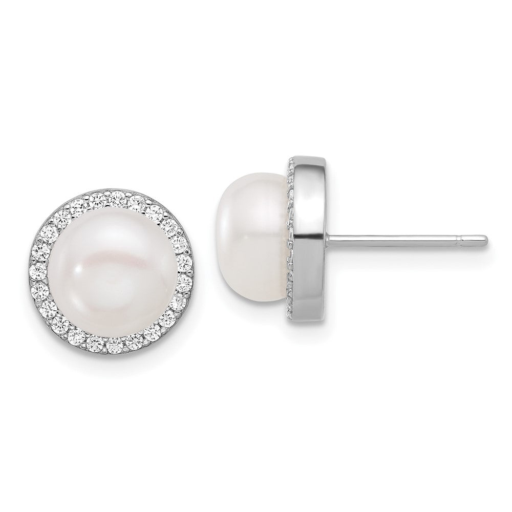 Sterling Silver Rhodium Plated 8-9.5mm Fwc Pearl/cz Necklace/post Earring Set