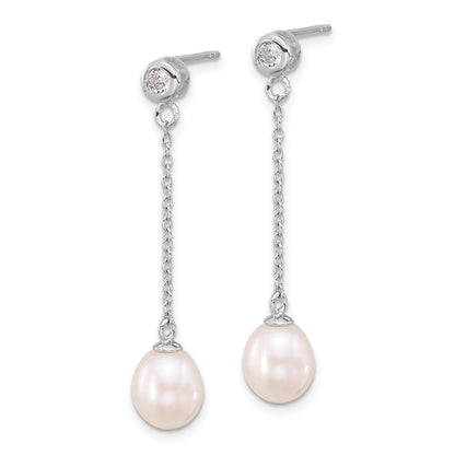 Sterling Silver Rhodium Plated 7-8mm Fwc Pearl/cz 17in Necklace/earrings Set