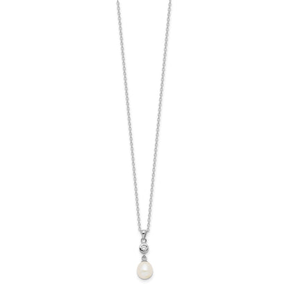 Sterling Silver Rhodium Plated 7-8mm Fwc Pearl/cz 17in Necklace/earrings Set