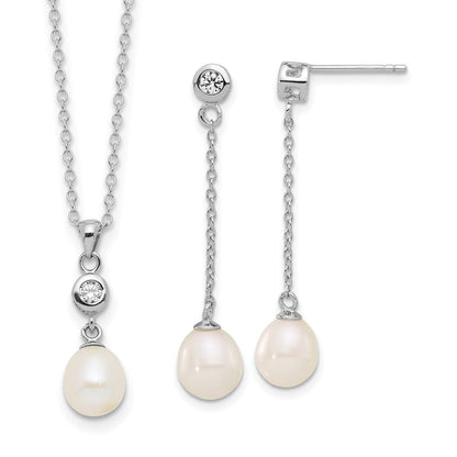 Sterling Silver Rhodium Plated 7-8mm Fwc Pearl/cz 17in Necklace/earrings Set