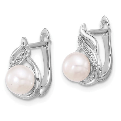 Sterling Silver Rhodium Plated 6-9mm Fwc Pearl/cz 17in Necklace/earrings Set