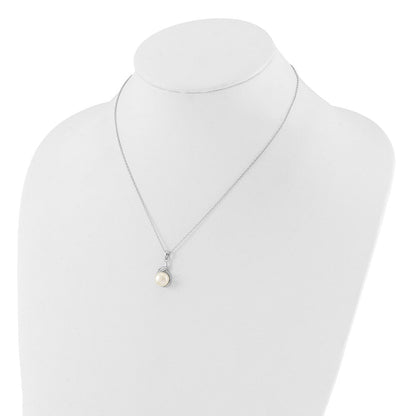 Sterling Silver Rhodium Plated 6-9mm Fwc Pearl/cz 17in Necklace/earrings Set