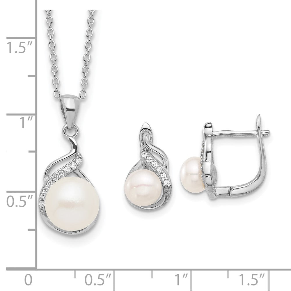Sterling Silver Rhodium Plated 6-9mm Fwc Pearl/cz 17in Necklace/earrings Set