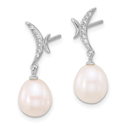 Sterling Silver Rhodium Plated 7-9mm Fwc Pearl/cz Necklace/post Earrings Set