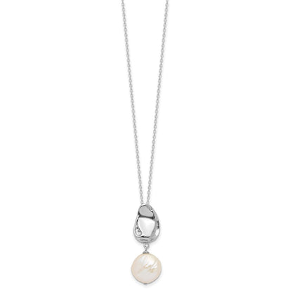 Sterling Silver Rhodium Plated 13-14mm Fwc Pearl 17in Necklace/earring Set
