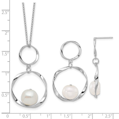 Sterling Silver Rhodium Plated 10-11mm Fwc Pearl w/1.75in Neck/earring Set