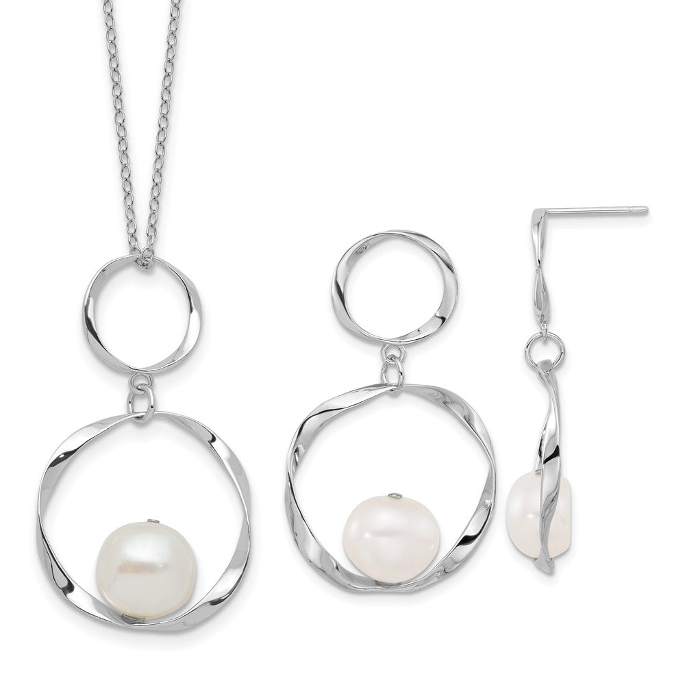 Sterling Silver Rhodium Plated 10-11mm Fwc Pearl w/1.75in Neck/earring Set