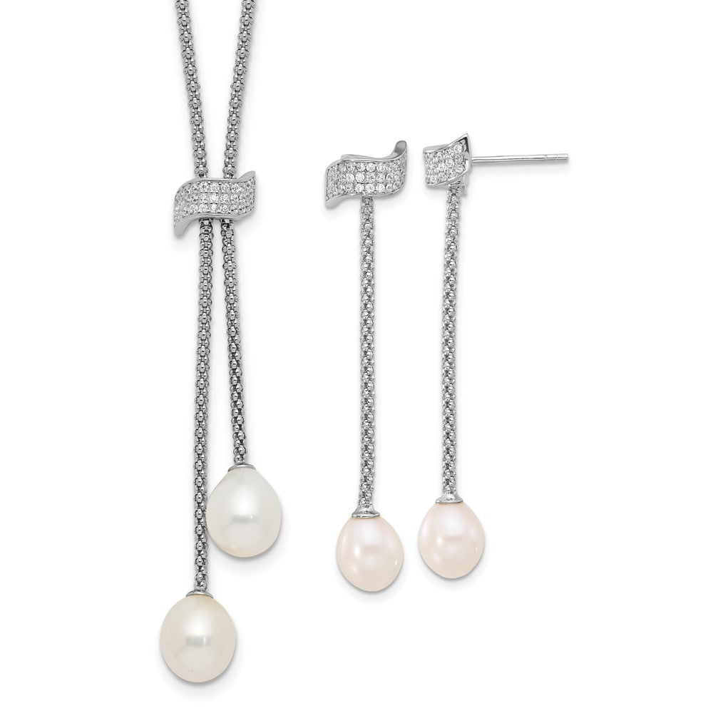 Sterling Silver Rhodium Plated Fwc Pearl/cz w/2in Ext Necklace/earrings Set