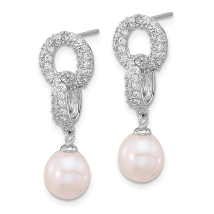 Sterling Silver Rhodium Plated 7-9mm Fwc Pearl/cz Necklace/post Earrings Set