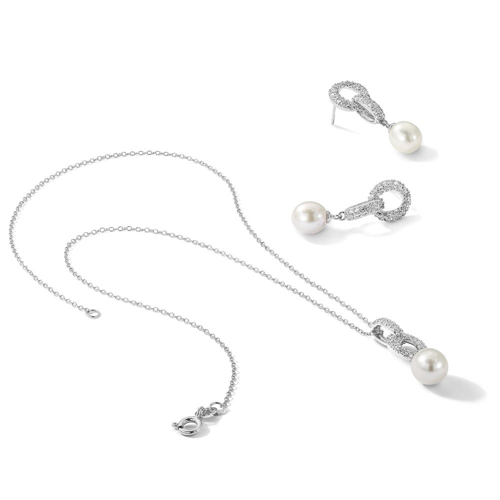 Sterling Silver Rhodium Plated 7-9mm Fwc Pearl/cz Necklace/post Earrings Set