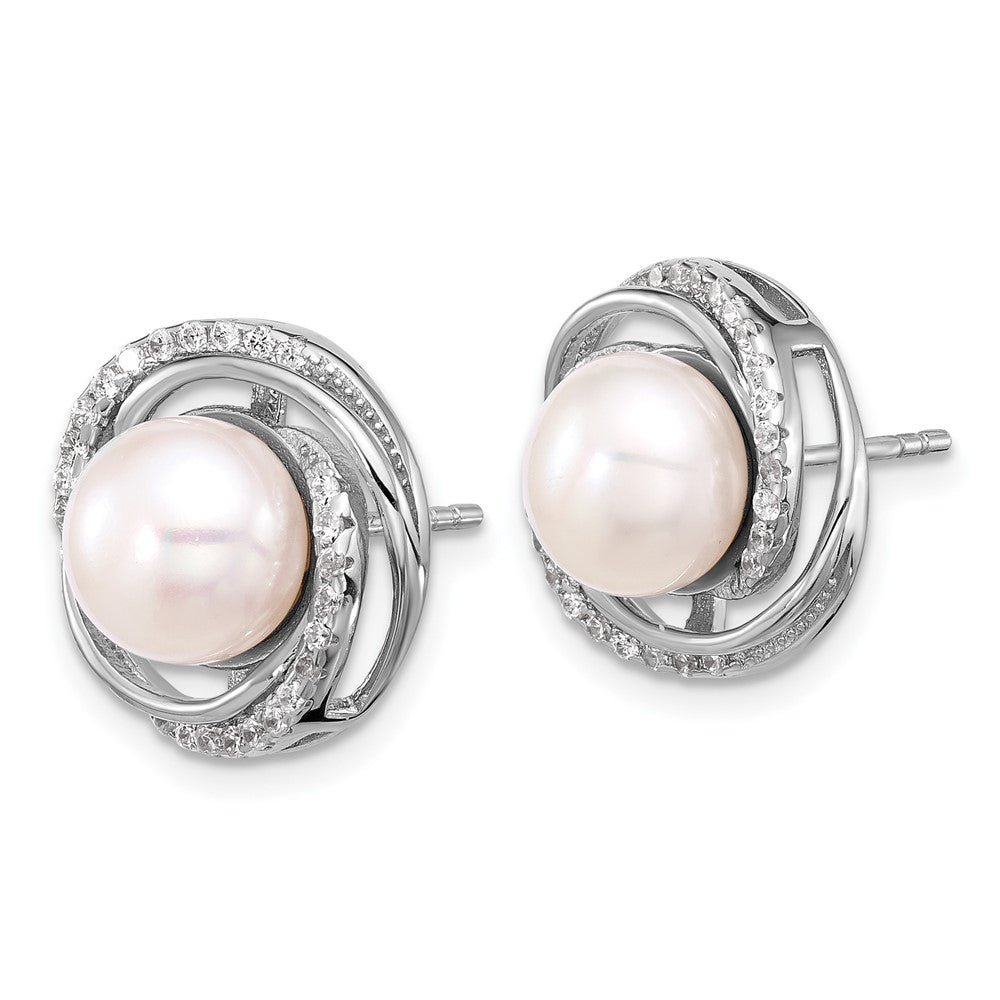 Sterling Silver Rhodium Plated 8-10mm Fwc Pearl/cz Necklace/post Earrings Set
