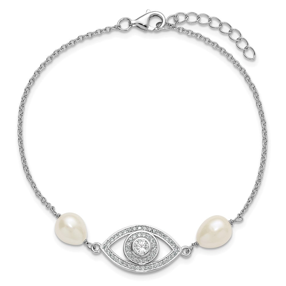 Sterling Silver Rh 6-8mm Teardrop Fwc/cz Evil Eye W/ 1in Ext. Bracelet