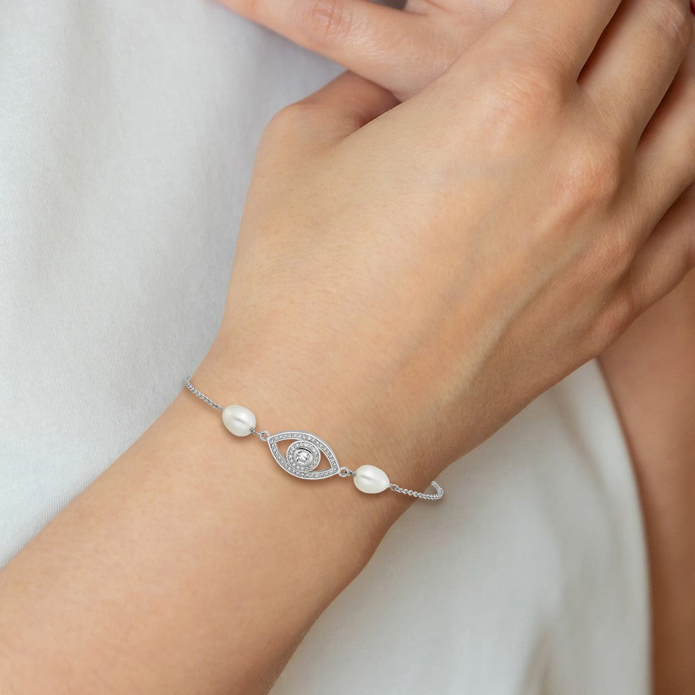 Sterling Silver Rh 6-8mm Teardrop Fwc/cz Evil Eye W/ 1in Ext. Bracelet