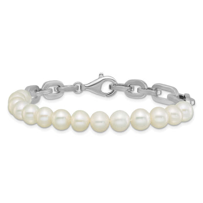 Sterling Silver Rhodium Plated 7-8mm Rnd Wht Fwc Pearl Link 8in Bracelet