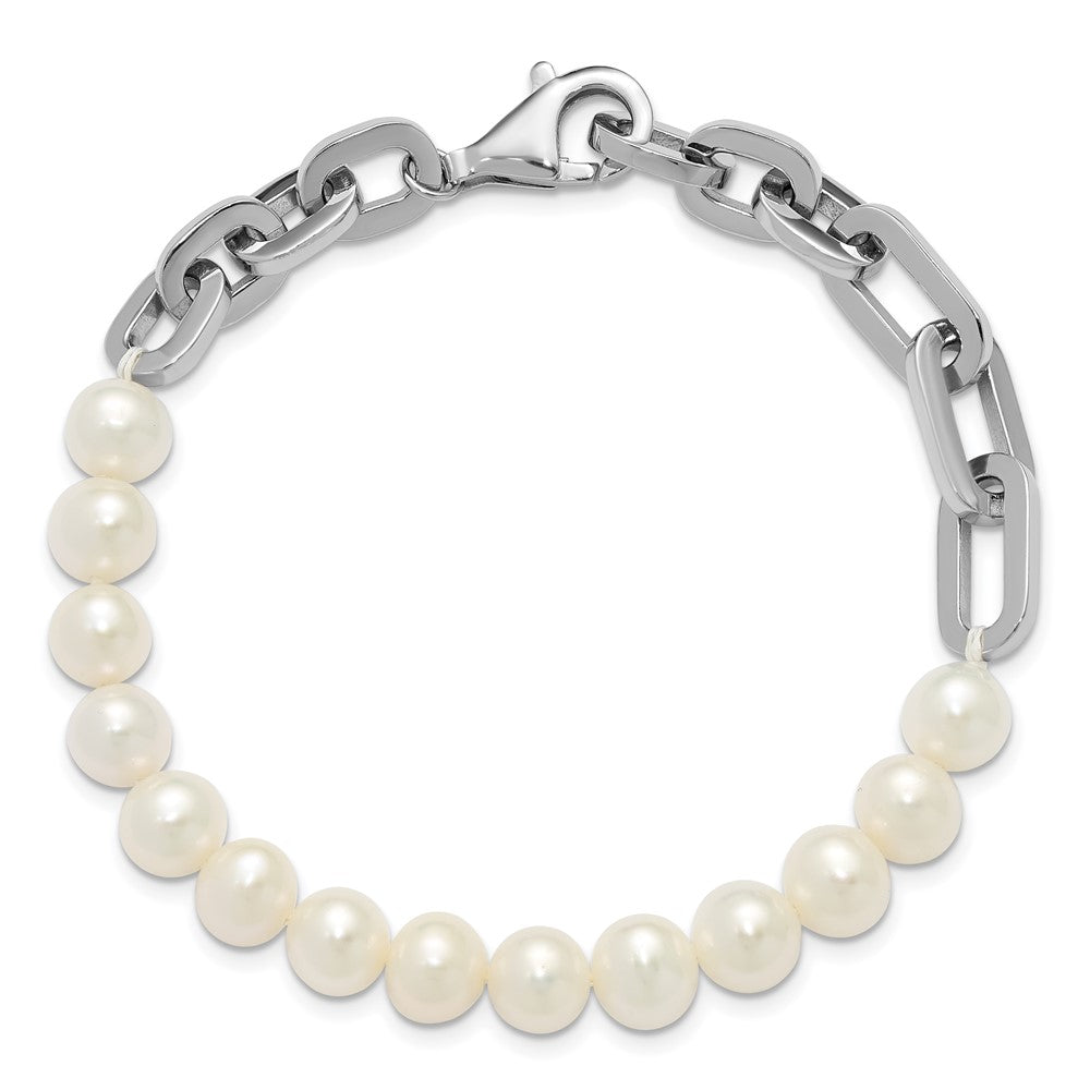 Sterling Silver Rhodium Plated 7-8mm Rnd Wht Fwc Pearl Link 8in Bracelet