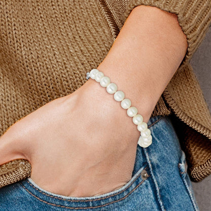 Sterling Silver Rhodium Plated 7-8mm Rnd Wht Fwc Pearl Link 8in Bracelet