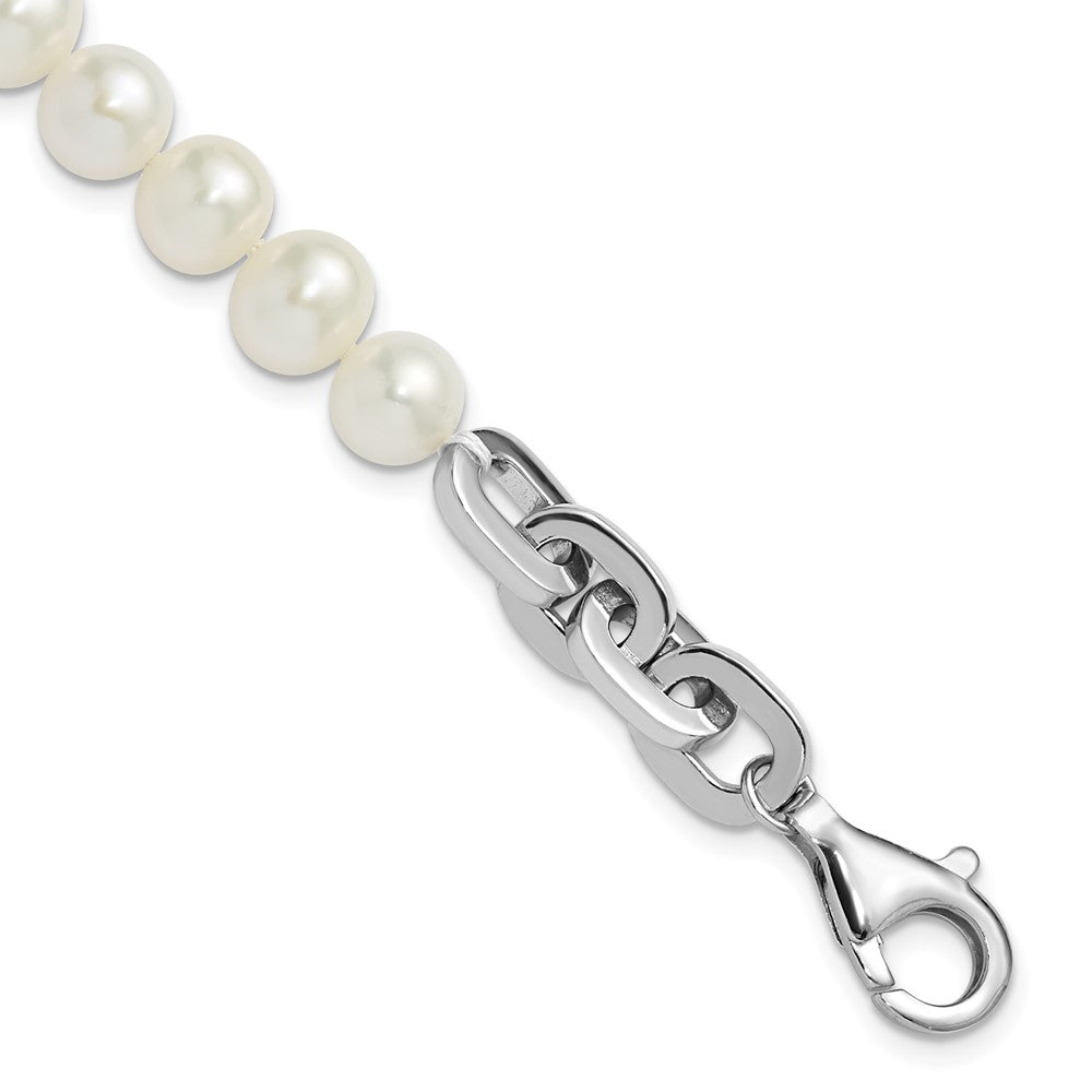 Sterling Silver Rhodium Plated 7-8mm Rnd Wht Fwc Pearl Link 8in Bracelet