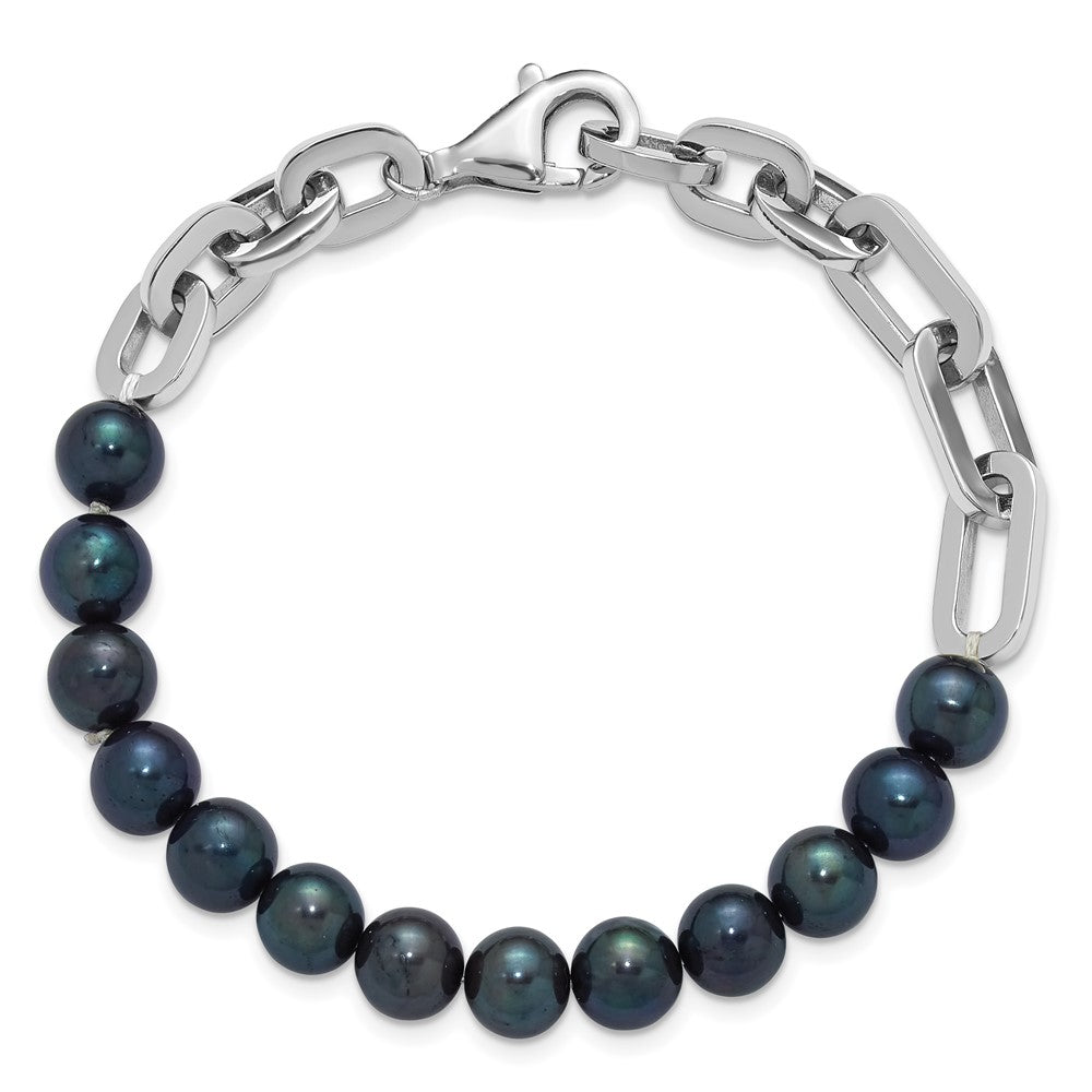 Sterling Silver Rhodium Plated 7-8mm Rnd Blk Fwc Pearl Link 8in Bracelet